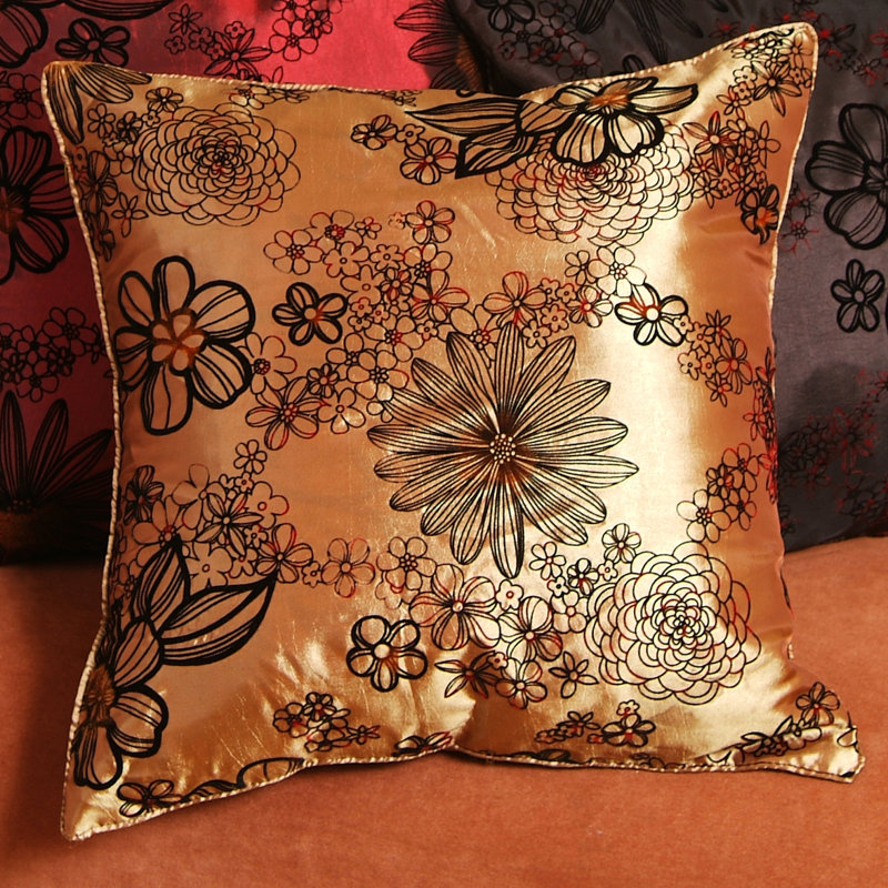 Silky Bloom Design Floral Reversible Pillow Cover, Gold