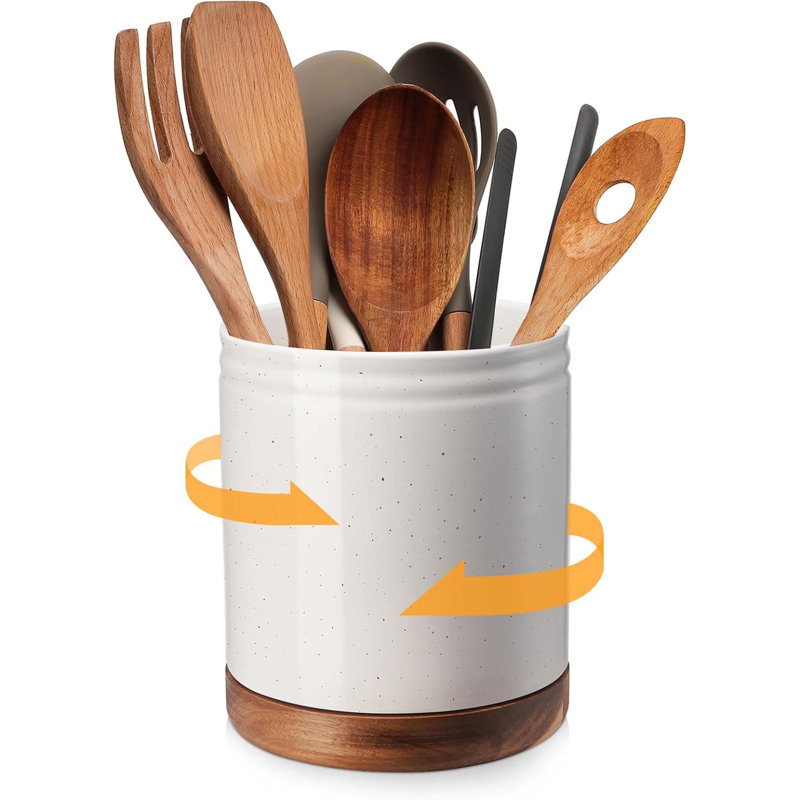 7.6" 360° Rotating Ceramic Utensil Holder (Speck White, Cork Bottom)