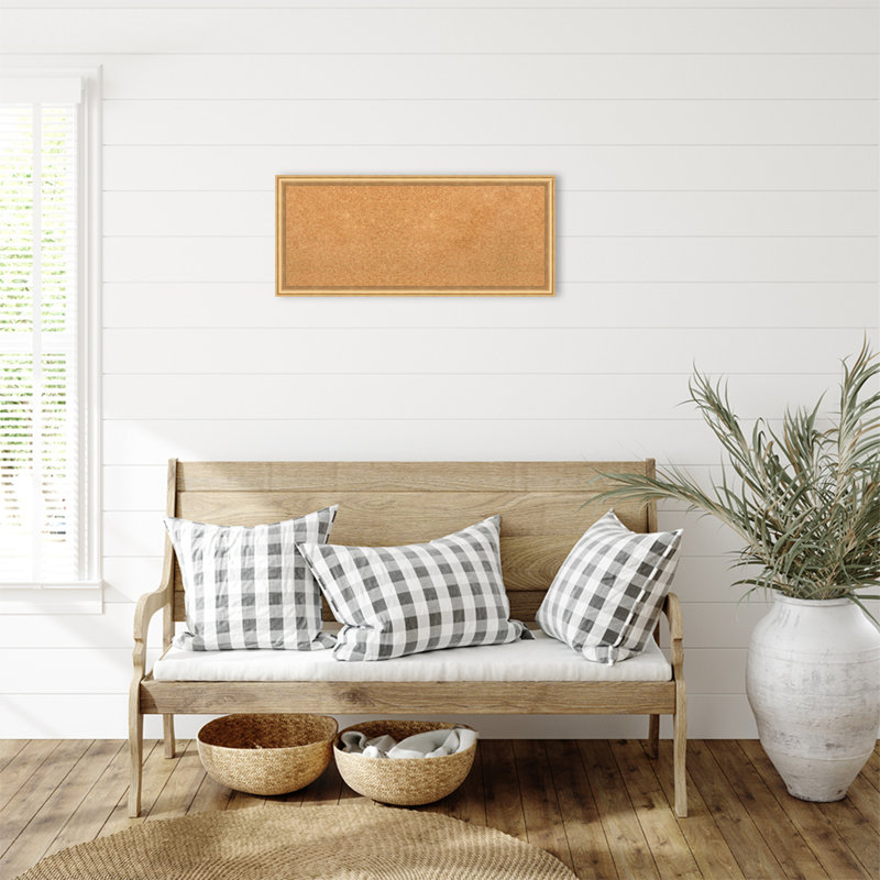 Natural Cork Bulletin Board with Gold Plastic Frame, 14" x 32"