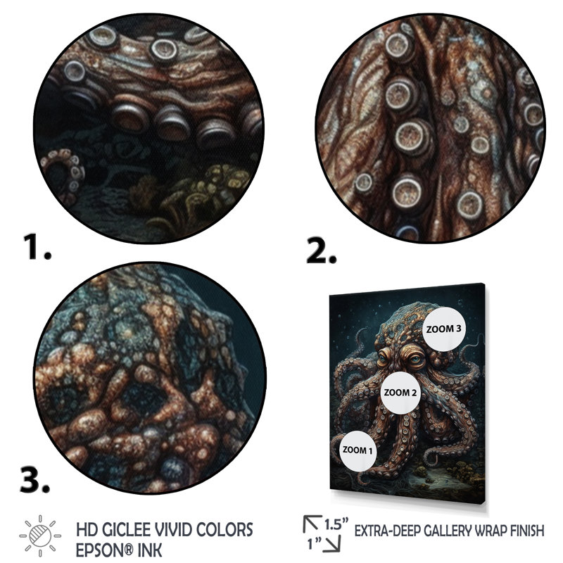 «Brown Octopus Under The Sea - Octopus», reproduction d'art sur toile encadrée, H 20 po x l 12 po, Cadre flottant doré