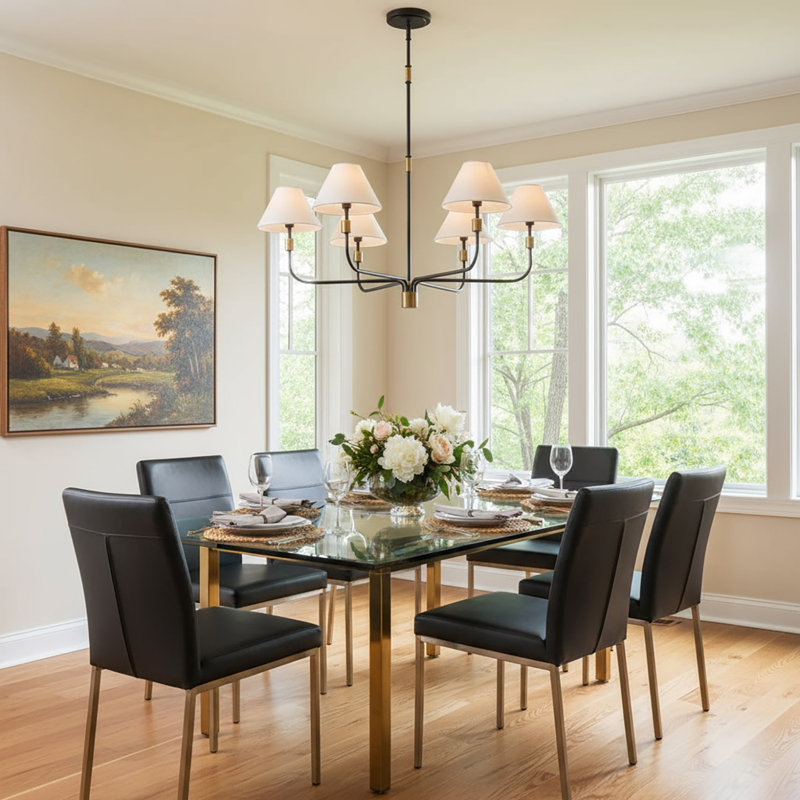 Kingsley - Chandelier - Black with Brushed Brass Accent - Fabric Shade, 1 Light, 6 Lights