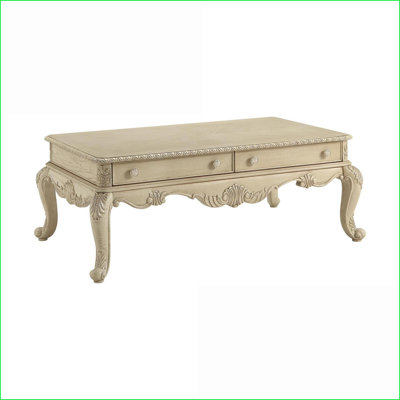 Table basse à 2 tiroirs blanc antique avec pieds en cabriole, style classique pour le salon