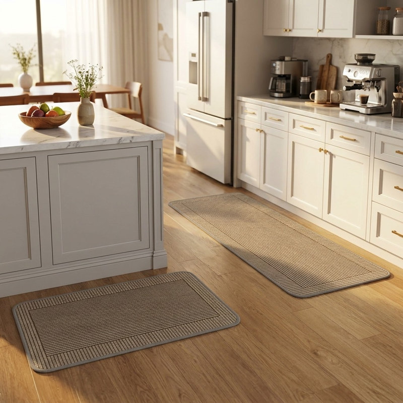 2-Piece Brown Non-Slip Washable Kitchen Rugs Set, 43x75cm & 43x120cm