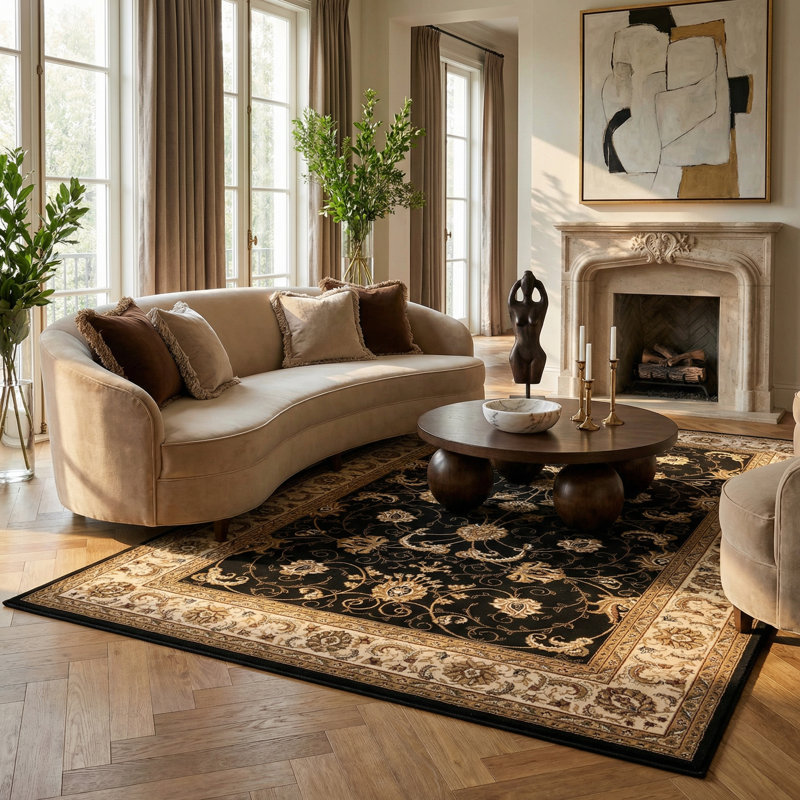 Rug Branch Yasmin 7' x 9' (6'6" x 9'4") Cream/Black Persian Medallion Indoor Area Rug, Traditional, Low Pile, Stain-Resistant Carpet - Living Room, Bedroom, Dining Room, and Kitchen