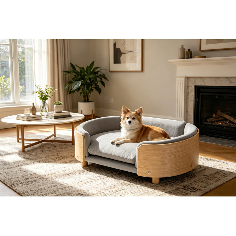 Lit pour chien surélevé de style scandinave avec pattes en bois massif et dossier en bois courbé, 9.85" H x 30.7" W x 20.8" D