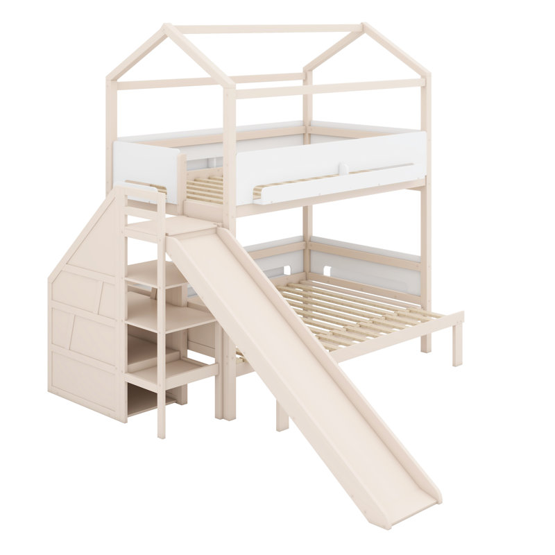 Lit superposé pour enfants avec design de maison, glissade et escalier de rangement fonctionnel, Beige et blanc