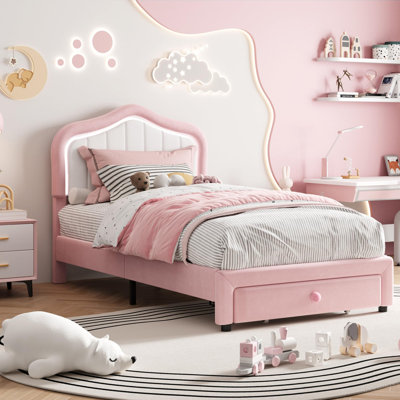 Upholstered Bed Frame with Led Lights and Storage Drawer for Kids, No Box Spring Needed