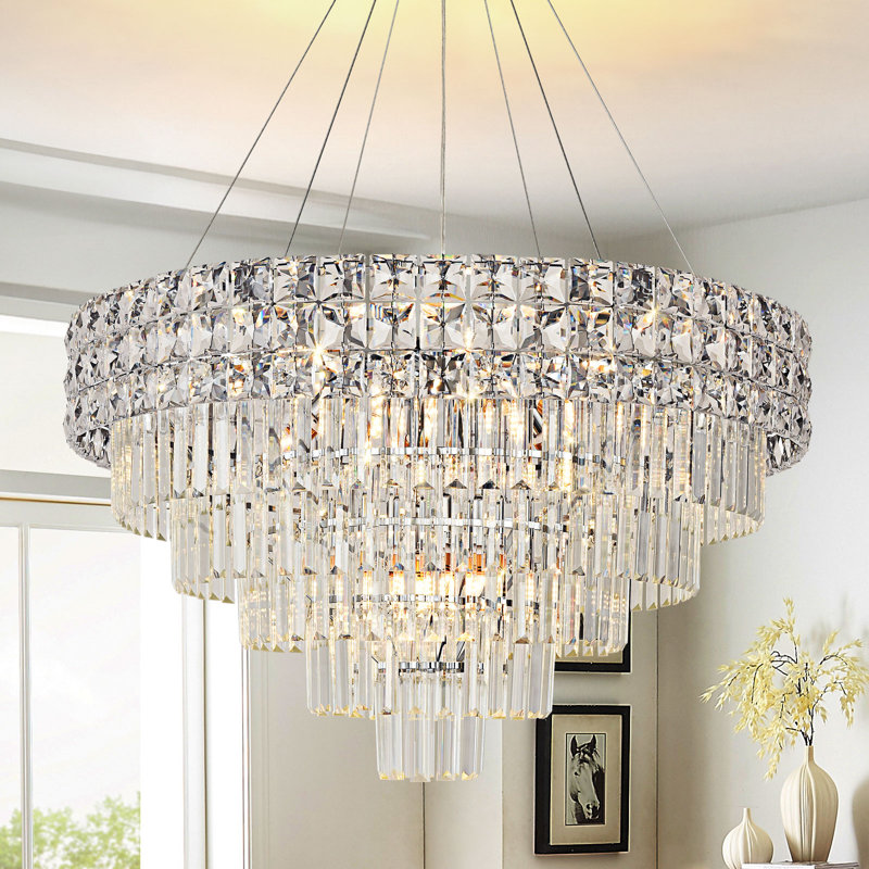 Crystal Chandelier Pendant Light, Adjustable Height for Sloped Ceilings, 3-Color Switchable, Chrome Finish, 11 Lights E12/E14, Modern Ceiling Fixture for Dining Room/Living Room