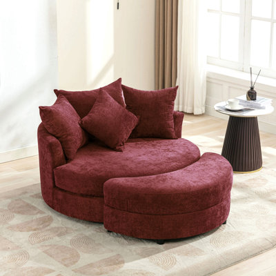 Fauteuil demi-tonneau pivotant à 360 ° avec repose-pieds avec rangement et 4 coussins, chaise de loisirs en chenille moderne, décor rond pour le salon, rouge