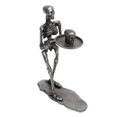 9x3x12 Metal Skeleton Holding Skull Table Decor
