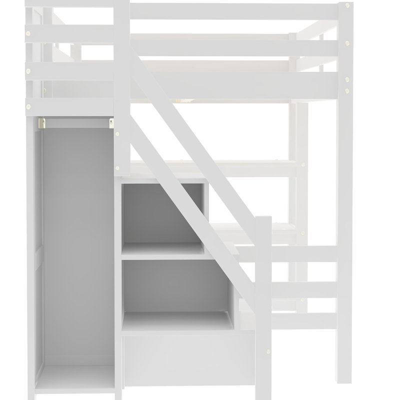 Lit mezzanine double avec tablettes à 4 niveaux, escalier de rangement et DEL blanche. Bois de pin pour l'utilisation de l'espace de la chambre à coucher. Petite garde-robe encastrée quotidienne Essentials. Fonctionnalité. «Bedtime