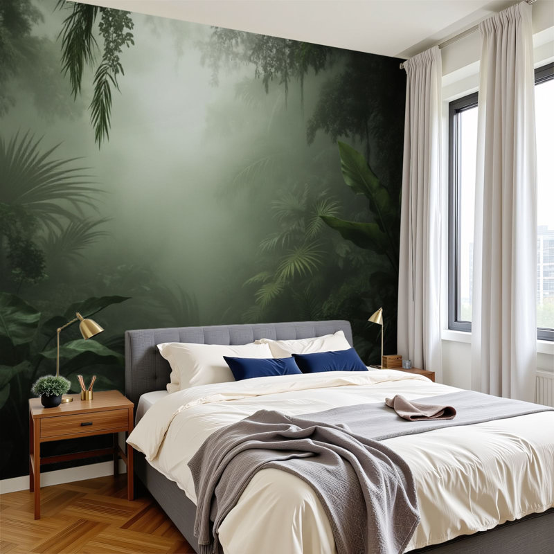 Papier peint adhésif pelez et collez Misty Tropical Jungle Green, L 96 po x l 69 po
