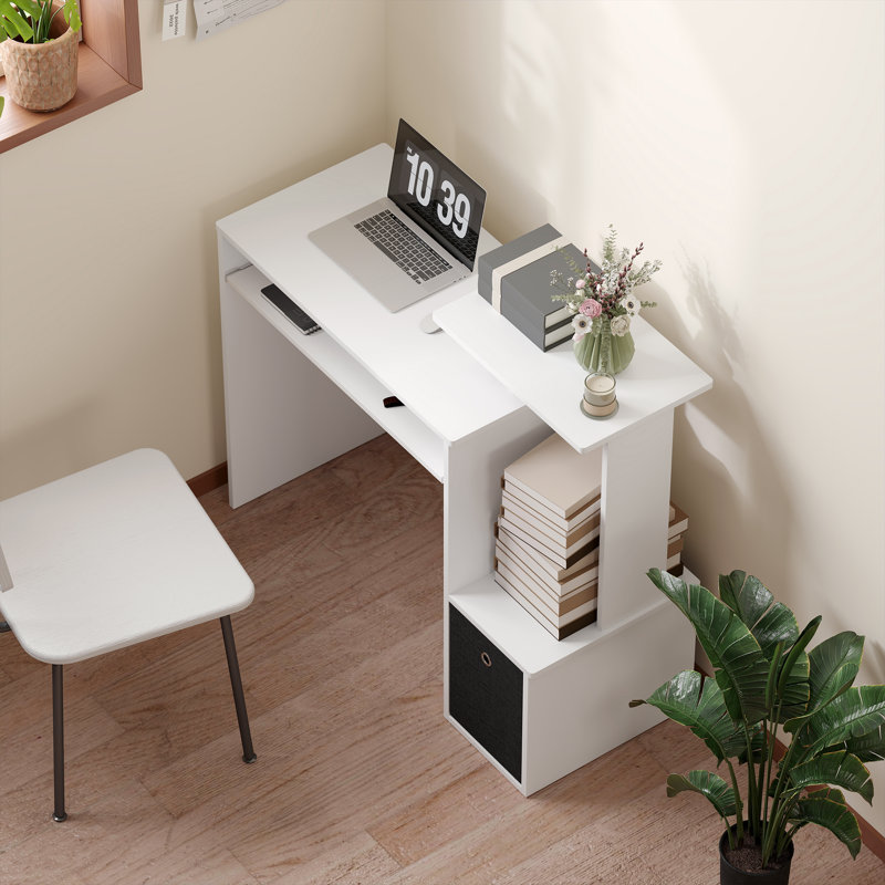 Bureau d'ordinateur avec tiroir en tissu et plateau à clavier, bureau d'étude, blanc, Blanc