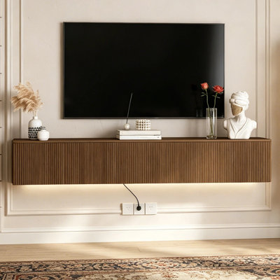 Oak Floating TV Stand For Bedroom,Fluted TV Console Wall Mounted,Floating Entertainment Center,Fluted Tvs Cabinet Wood,Oak Console Table With 16 Color Leds ,Mueble Flotante Para Tvs