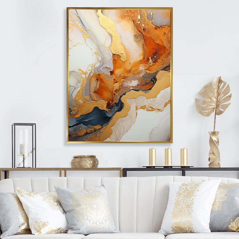 «Gold» et «Geode Lava I» - art mural pierre géode, Cadre flottant doré, H 20 po x l 12 po