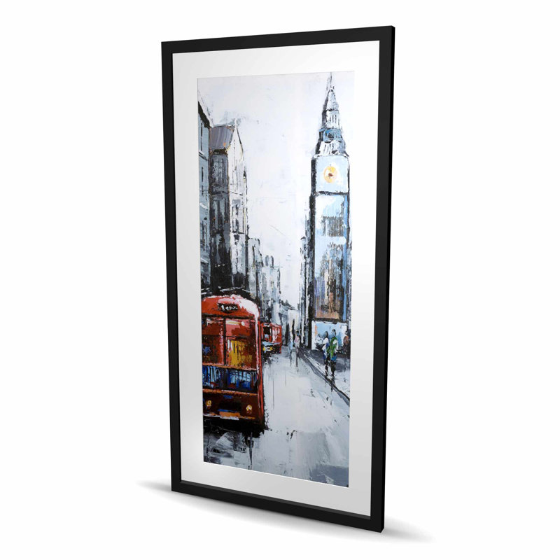«Abstract London and Red Bus - Blue Cities», reproduction encadrée