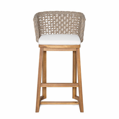 Tabourets de bar d'extérieur en bois d'acacia (4 PCS), chaises de bar à hauteur de teck avec coussin beige et dossier en osier brun clair, tabourets à hauteur de comptoir pour patio, bord de piscine, îlot de cuisine