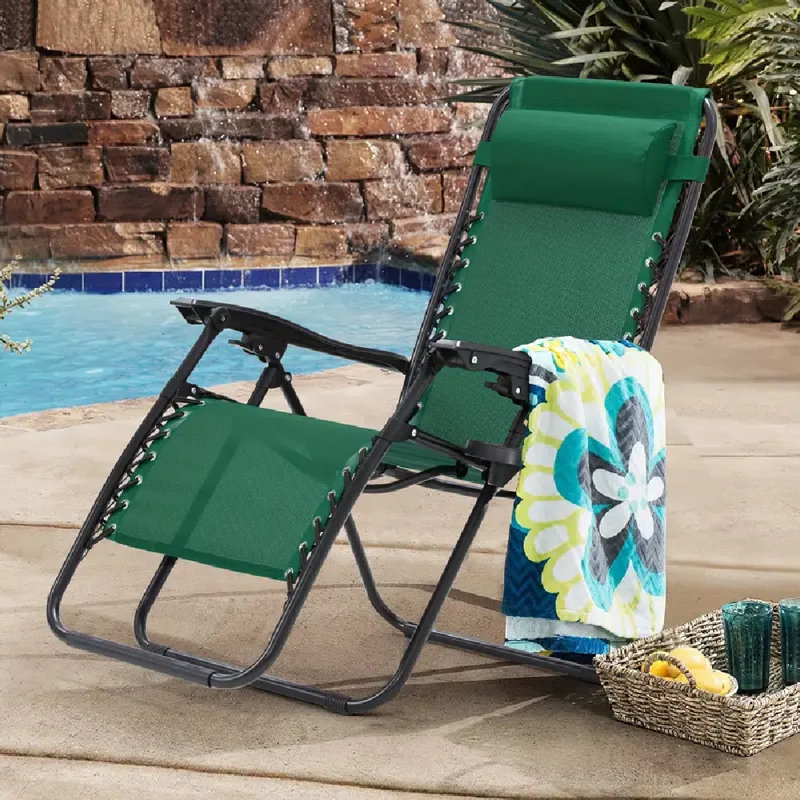 Patio Zero Gravity Folding Recliner Chairs | Set Of 2 | With Cup Holder And Detachable Headrest | For Camping, Lawn, And Garden | Green