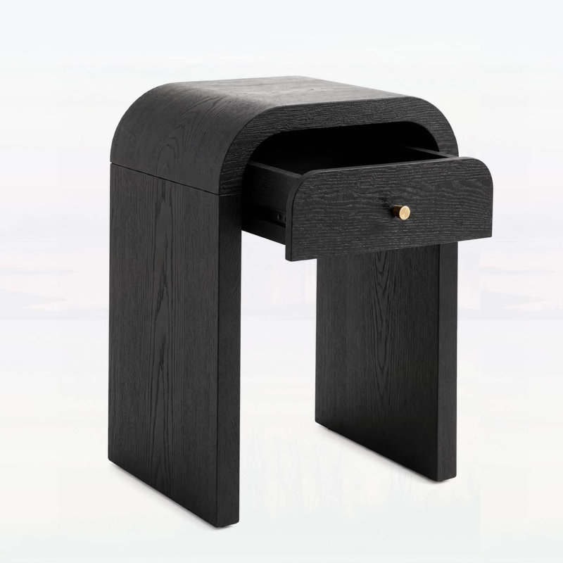 Table d'appoint courbée en bois noir avec 1 tiroir et table de chevet à bord arrondi pour les chambres et les salons modernes