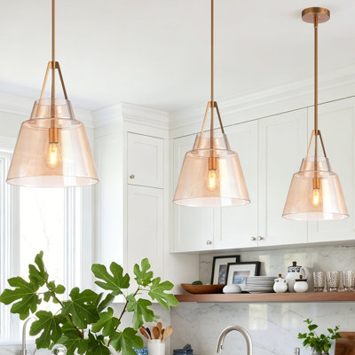 1-Light Brushed Brass Amber Glass Single Pendant Light With Amber Cone Shade And Adjustable Downrod