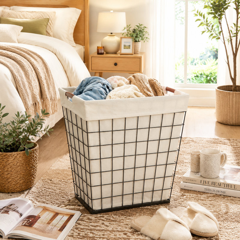 Panier à linge minimaliste en fil métallique - grande capacité 75L, conception rectangulaire avec doublure amovible - polyvalent pour tout décor de maison