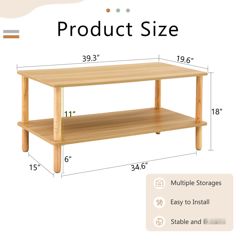Table basse rectangulaire pour la maison moderne, rangement ouvert, table de salon 2 à faible entretien, en bois massif +, construction stable, facile à installer rapidement, plancher protégé, noyer ou naturel
