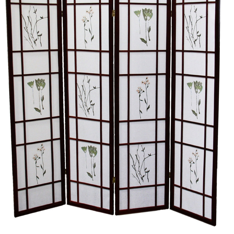 Clôture de 70 pouces à 4 écrans en bois de cerisier avec motif floral asiatique en hauteur, couleur, motif traditionnel asiatique