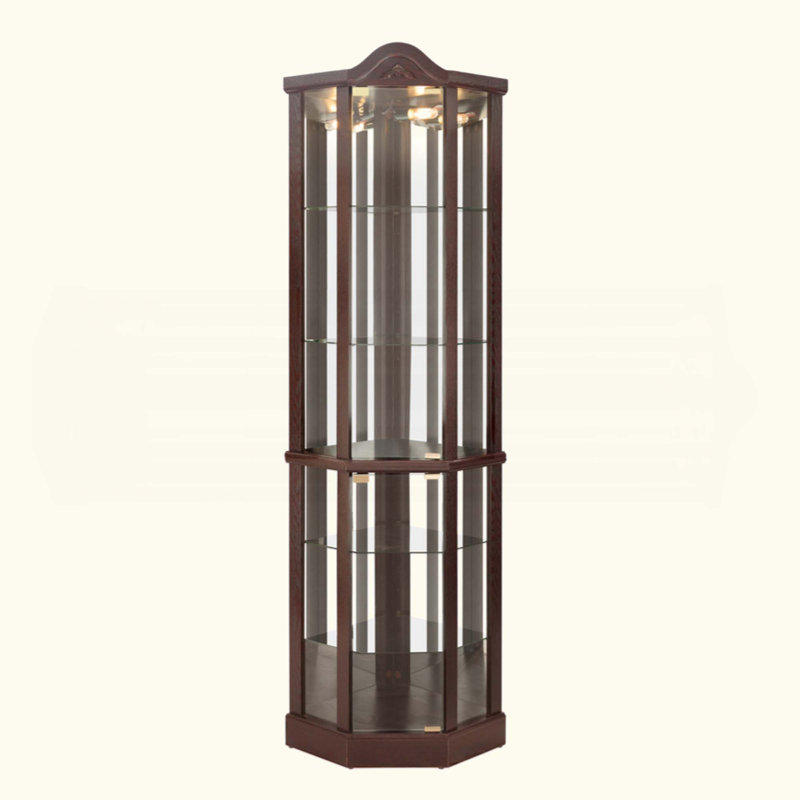 Vitrine d'angle vitrée lumineuse avec tablettes réglables, Cerisier