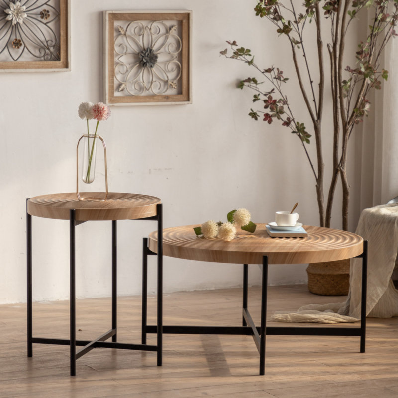 Table basse moderne à motif de fils moderne, plateau de table en panneau de fibres à densité moyenne avec pieds en croix (ensemble de 2 pièces)