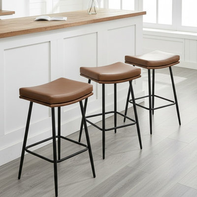 26" Faux Leather Upholstered Backless Saddle Bar Stool with Metal Frame