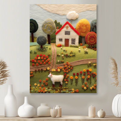 Felted Farmhouse With White Cow - Art mural de ferme