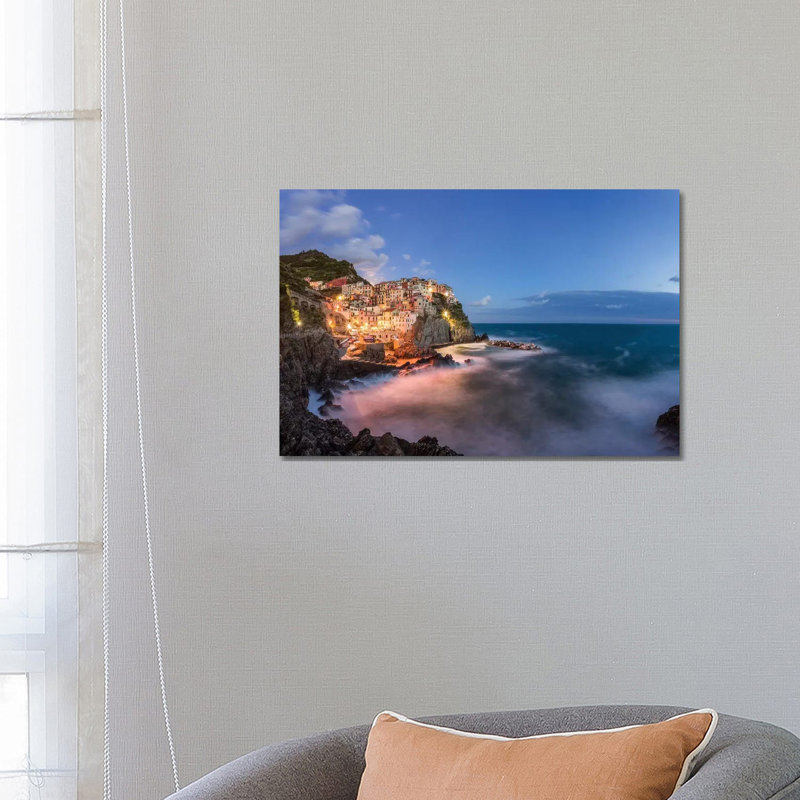 Italy, Cinque Terre, Manarola. Hilltop Town And Stormy Ocean At Sunset. by Jaynes Gallery - Wrapped Canvas Gallery-Wrapped Canvas Giclée