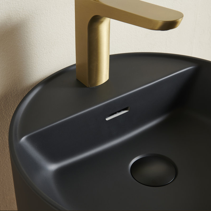 Meuble-lavabo cylindrique autoportant 16 po avec lavabo rond à surface solide, bois massif scandinave moderne, Walnut, Black