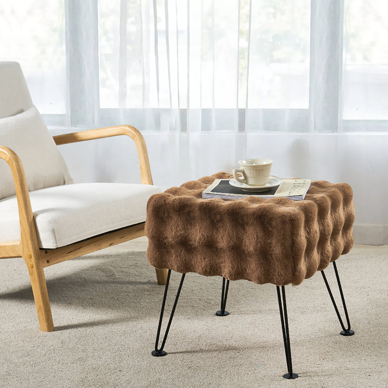 Upholstered Ottoman, Taupe Faux Fur