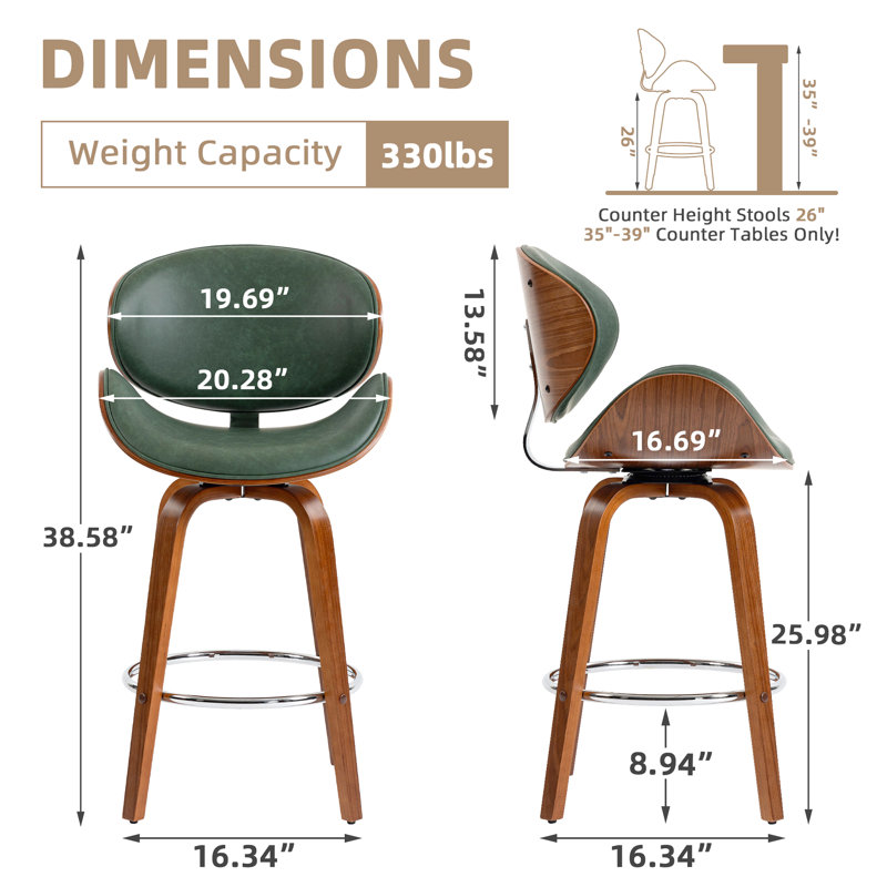 Tabouret de bar pivotant de 26 po (ensemble de 4), tabourets de bar de style moderne Mid-Century avec repose-pieds revêtu de similicuir