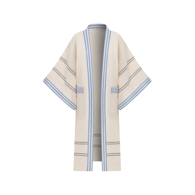 Peshtemal Kutnu Trim Kimono, Blue/Cream