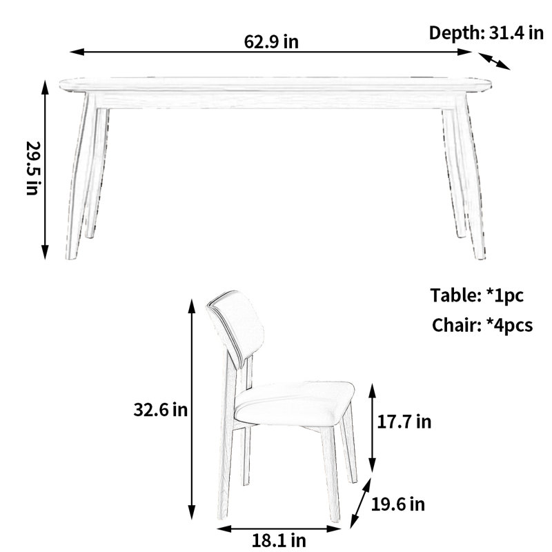 Table et chaise modernes et exquises, 5, H 29,5 po x L 62,9 po x l 31,4 po