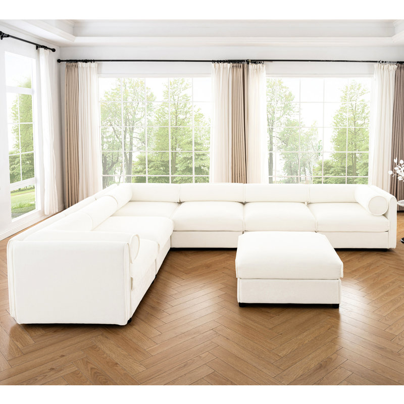 Canapé modulaire 6 places avec rangement, chenille blanche, cylindrique ergonomique et pour un espace de vie fonctionnel - 6 places, rangement et confort