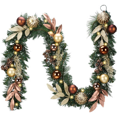 Valery Madelyn 6ft Pre-Lit Fall Garland with Light for Mantle, Lighted Battery Operated Autumn Garland with Bronze Copper Gold Ball for Front Door Fireplace Table Centerpiece Outdoor Window Decor