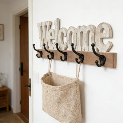 Farmhouse Wall Mounted Coat Rack With Welcome Sign, 5 Sturdy Metal Hooks, Rustic Distressed Wooden Entryway Decor For Hallway Bedroom Or Front Door