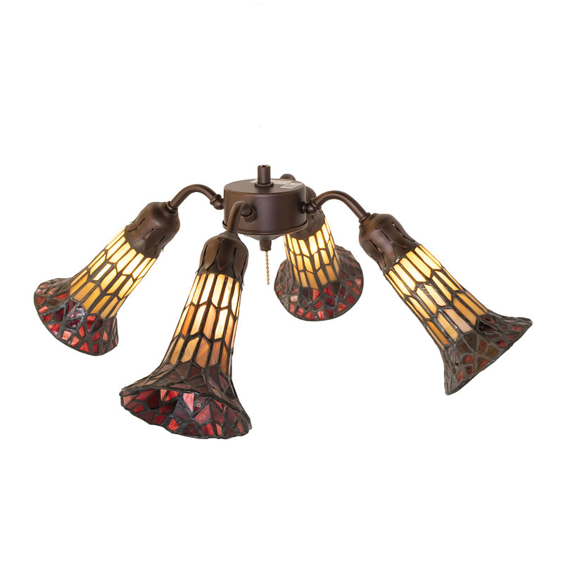 19" Wide Stained Glass Pond Lily 4 Light Fan Light, Red/Amber