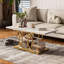 Table basse rustique moderne avec rangement, table basse à 3 niveaux en faux marbre, motif pleine lune, blanc et or