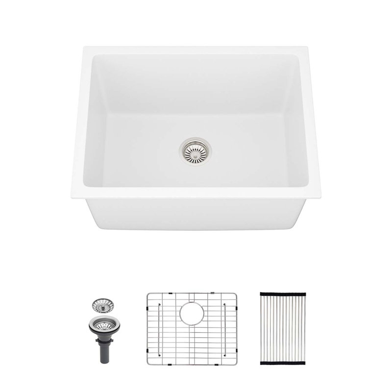 Évier de service 24 "en composite de quartz blanc, cuve simple encastrée avec accessoires