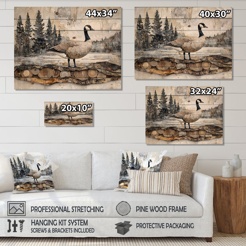 Bernache du Canada dans un paysage de forêt de pins II - Décoration murale animal en bois d'oie - sur bois de pin naturel