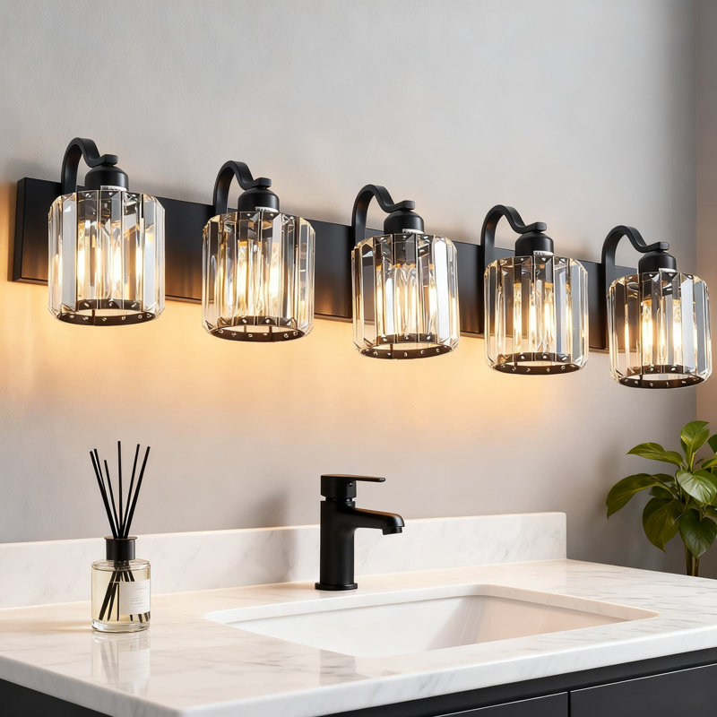Luminaire de meuble-lavabo moderne en cristal noir avec 5 lumières et abat-jour rond en cristal K9 pour salle de bain, base E26 (ampoules non incluses)