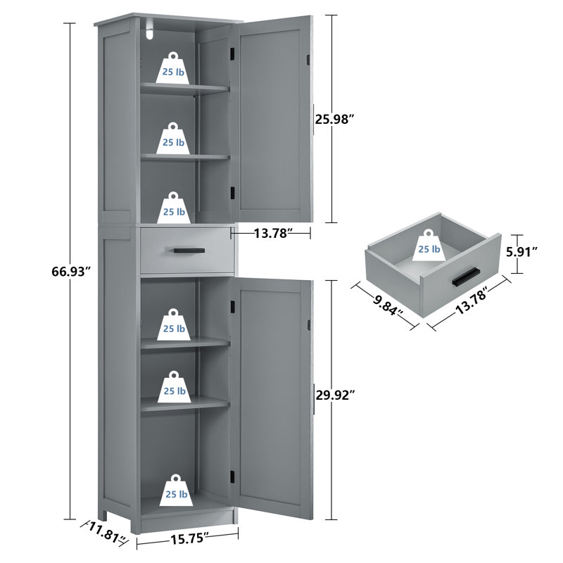67" Tall Storage Cabinet with 2 Doors & 1 Drawer, Gray