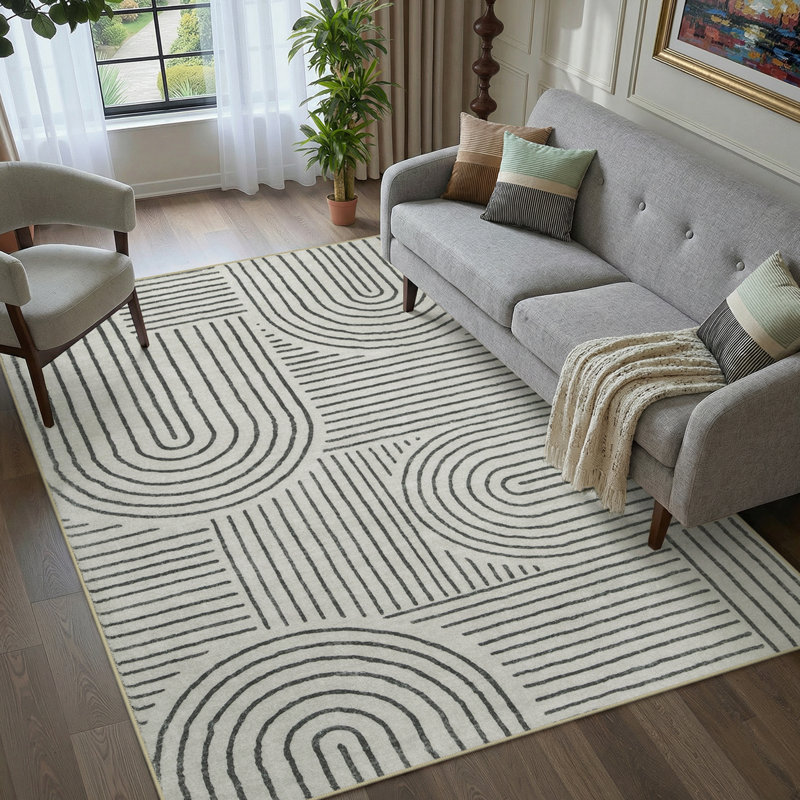 Celeta Washable Abstract Japandi Rainbow Striped Black Area Rug - Colorful Modern Carpet for Living Room, Bedroom, or Office Decor
