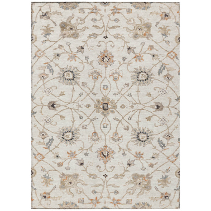 Ivory Rectangular Synthetic Washable Indoor/Outdoor Rug