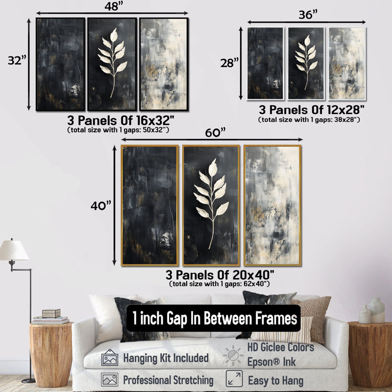 «Black and White Herbs Elegance I», ensemble de reproductions d'art mural, H 28 po x l 36 po, Cadre noir