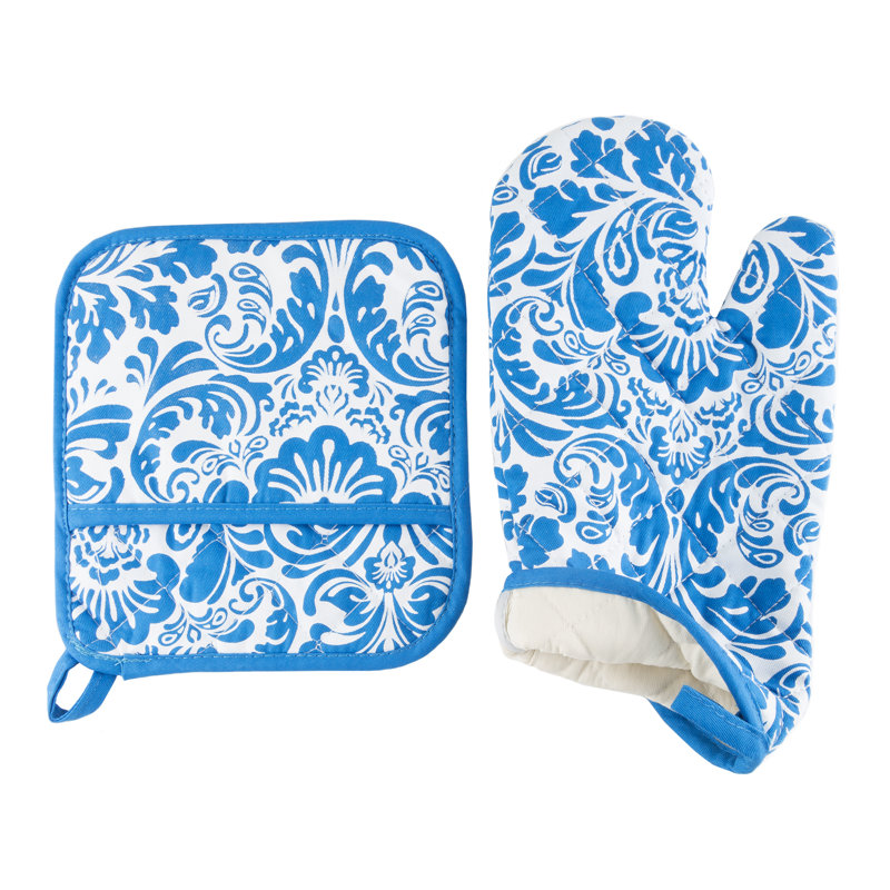 Blue and White Cotton Quilted Oven Mitt and Pot Holder Set